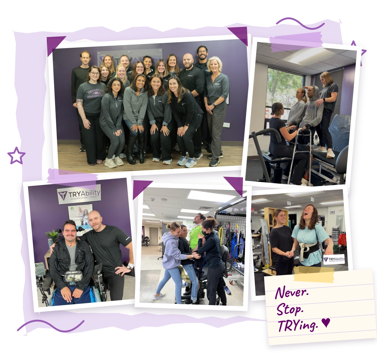 Scrapbook collage of the TRYAbility team and therapists working with patients